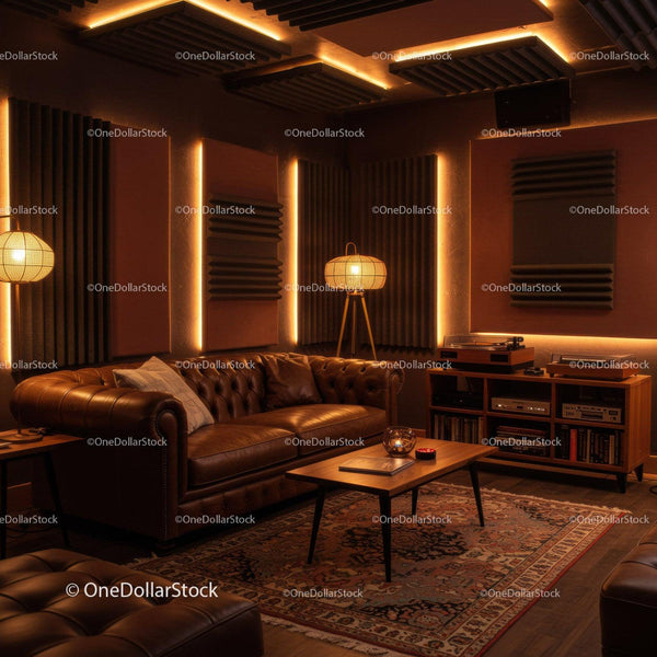 Cozy living room with leather sofa and warm lighting