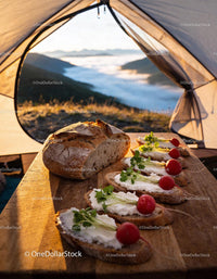 Fresh Rustic Bread and Radish Snacks in Mountain Tent