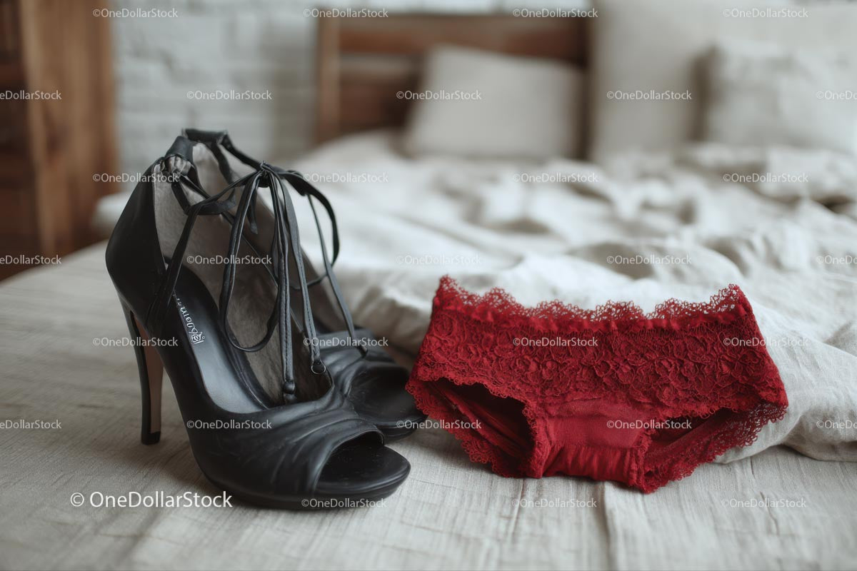 Chic Black Heels and a Red Lace Dress in a Cozy Bedroom Setting