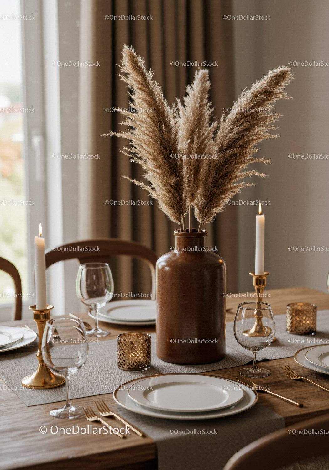 Elegant Dining Table Decor with Pampas Grass Centerpiece and Gold Accents