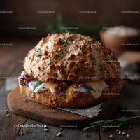 Artisan bread sandwich with melted cheese and crispy bacon