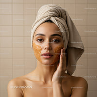 Young Woman Relaxing with Gold Facial Mask and Towel Wrapped Head