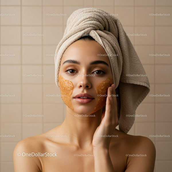 Young Woman Relaxing with Gold Facial Mask and Towel Wrapped Head
