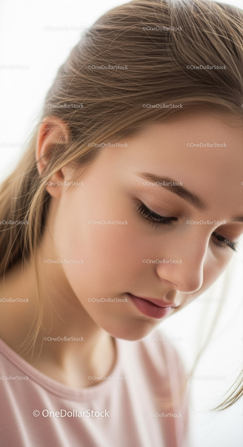 Young Woman with Smooth Hair and Calm Expression in Soft Light