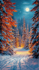 Snowy Forest Path Illuminated by Warm Lights at Moonlight