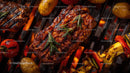 Grilled BBQ Ribs with Fresh Herbs and Vegetables on Flame Grill