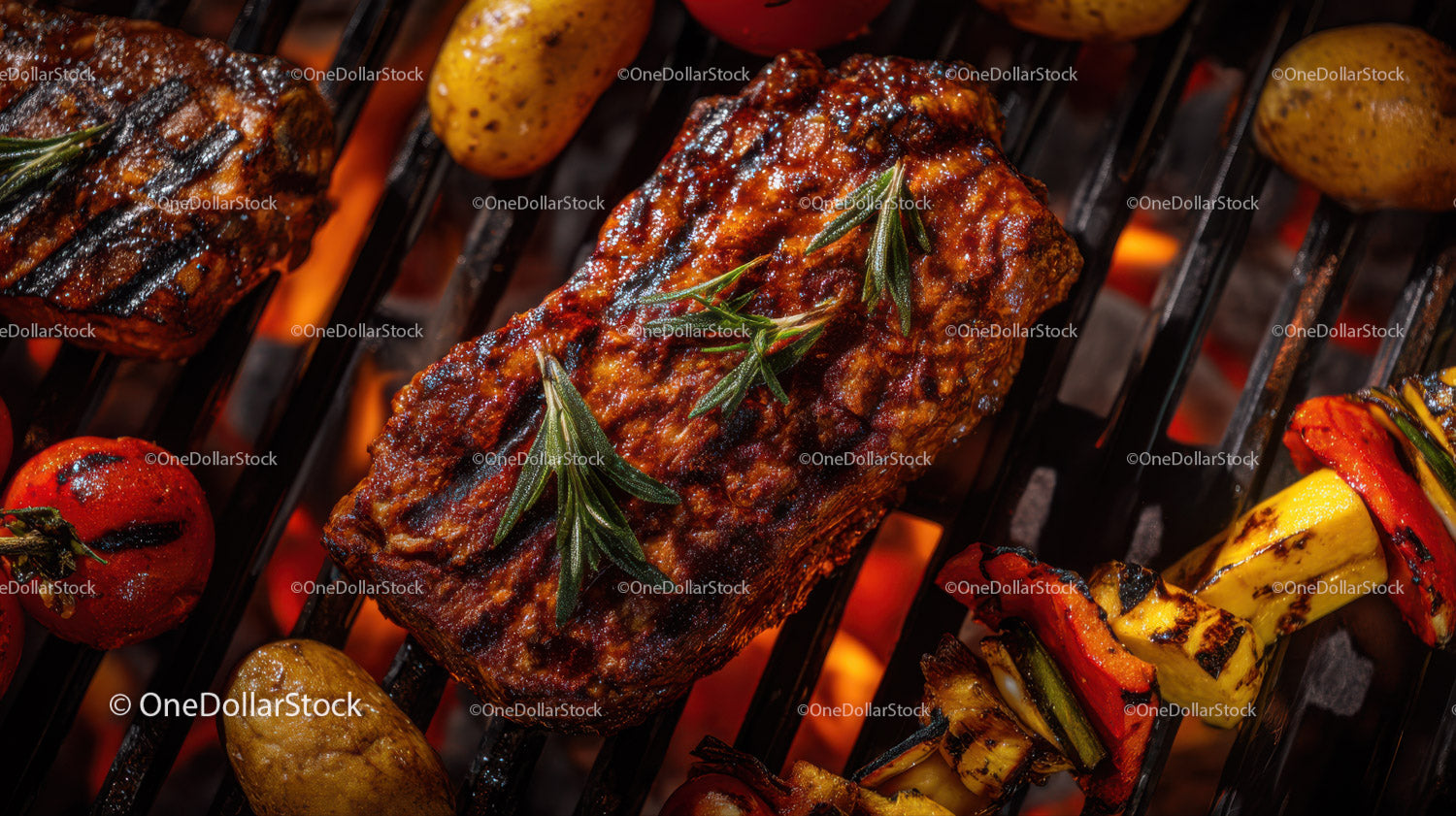 Grilled BBQ Ribs with Fresh Herbs and Vegetables on Flame Grill