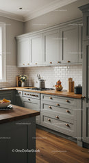 Elegant Gray Kitchen with Wooden Counters and White Subway Tile