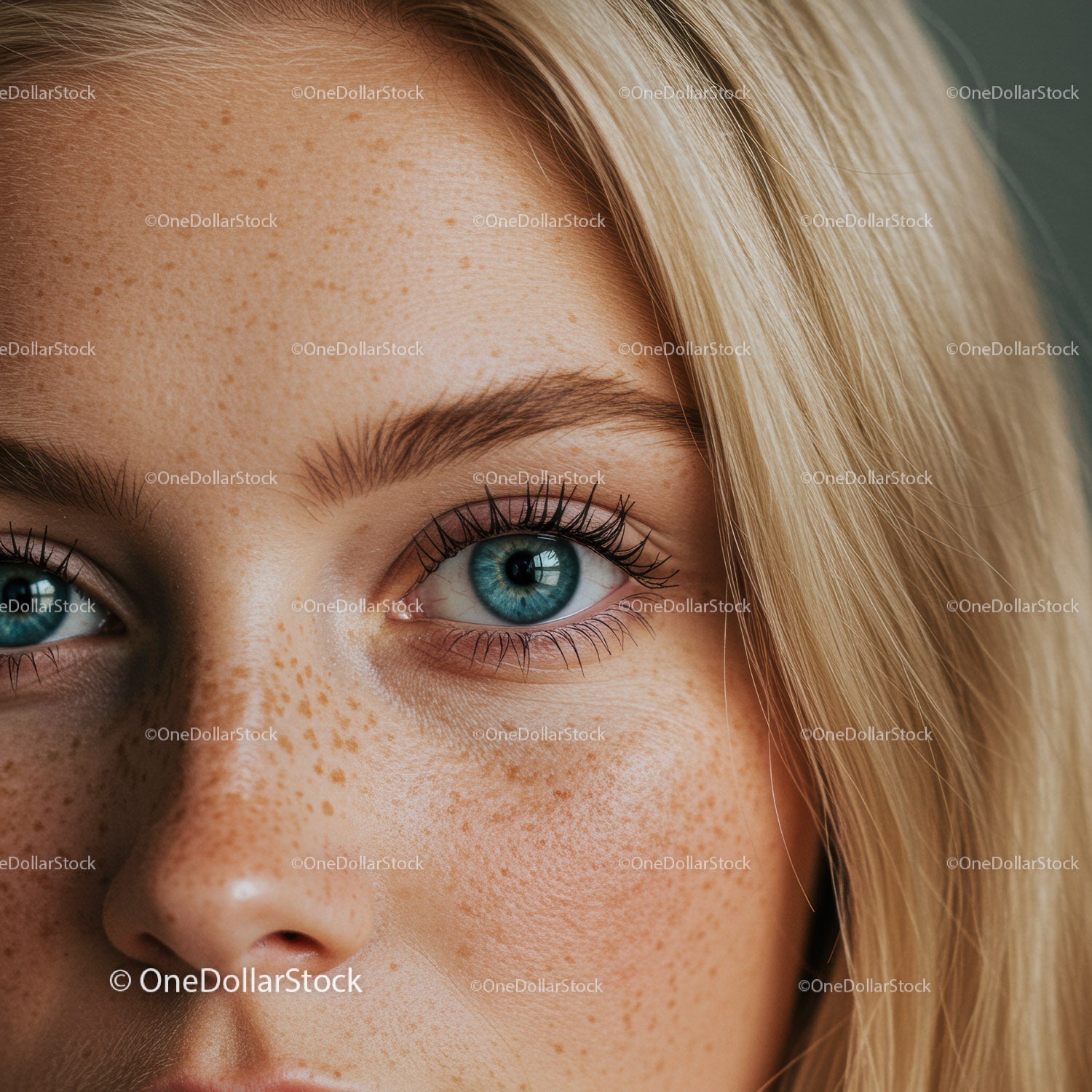 Close up of young woman with freckles and blue eyes