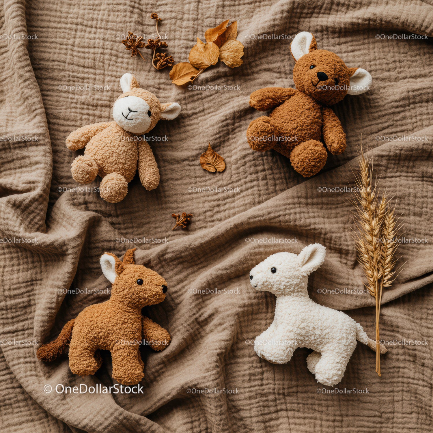 Soft Plush Animal Toys on Cozy Brown Fabric Background