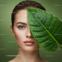 Portrait of a Woman with a Green Leaf Covering One Eye and Water Droplets