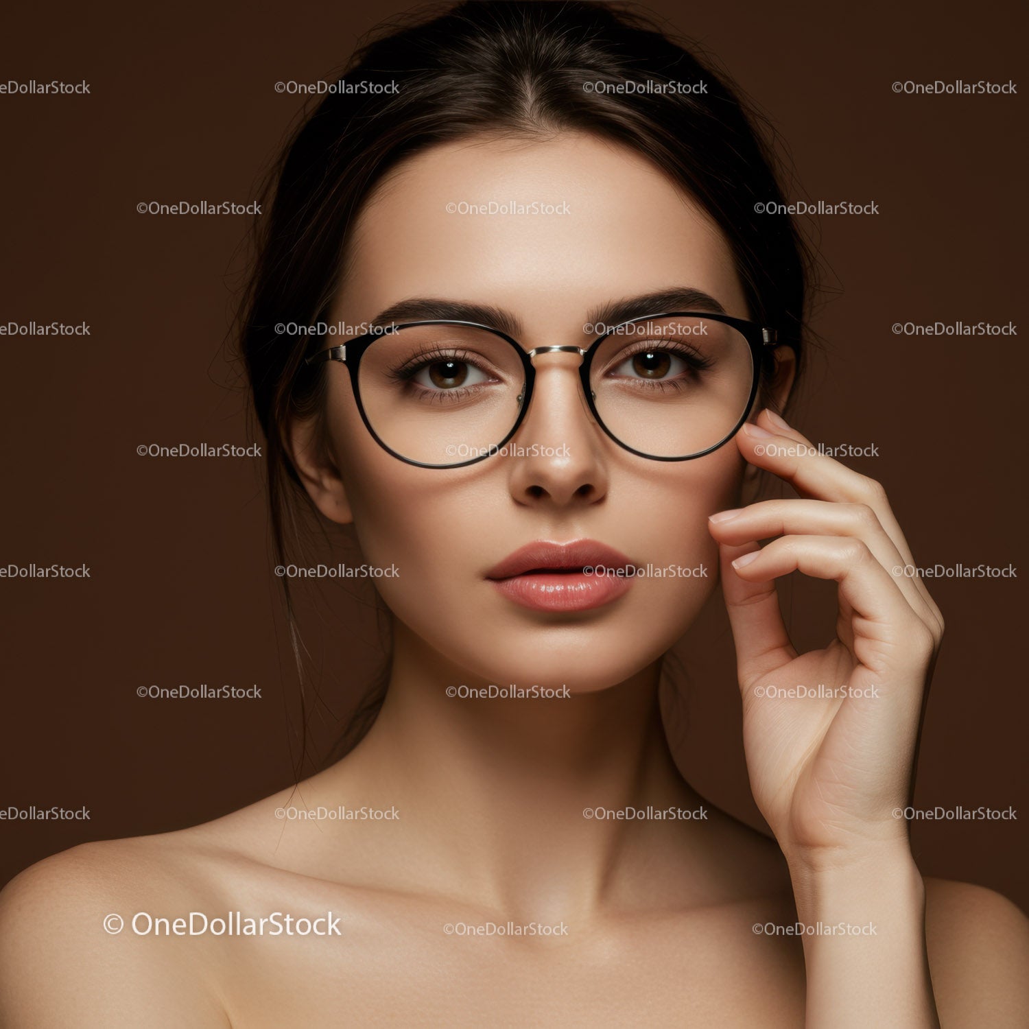 Elegant Woman Wearing Stylish Glasses in Modern Studio Portrait