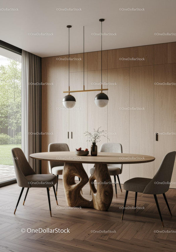 Modern Dining Room with Wooden Table and Elegant Chairs in Natural Light