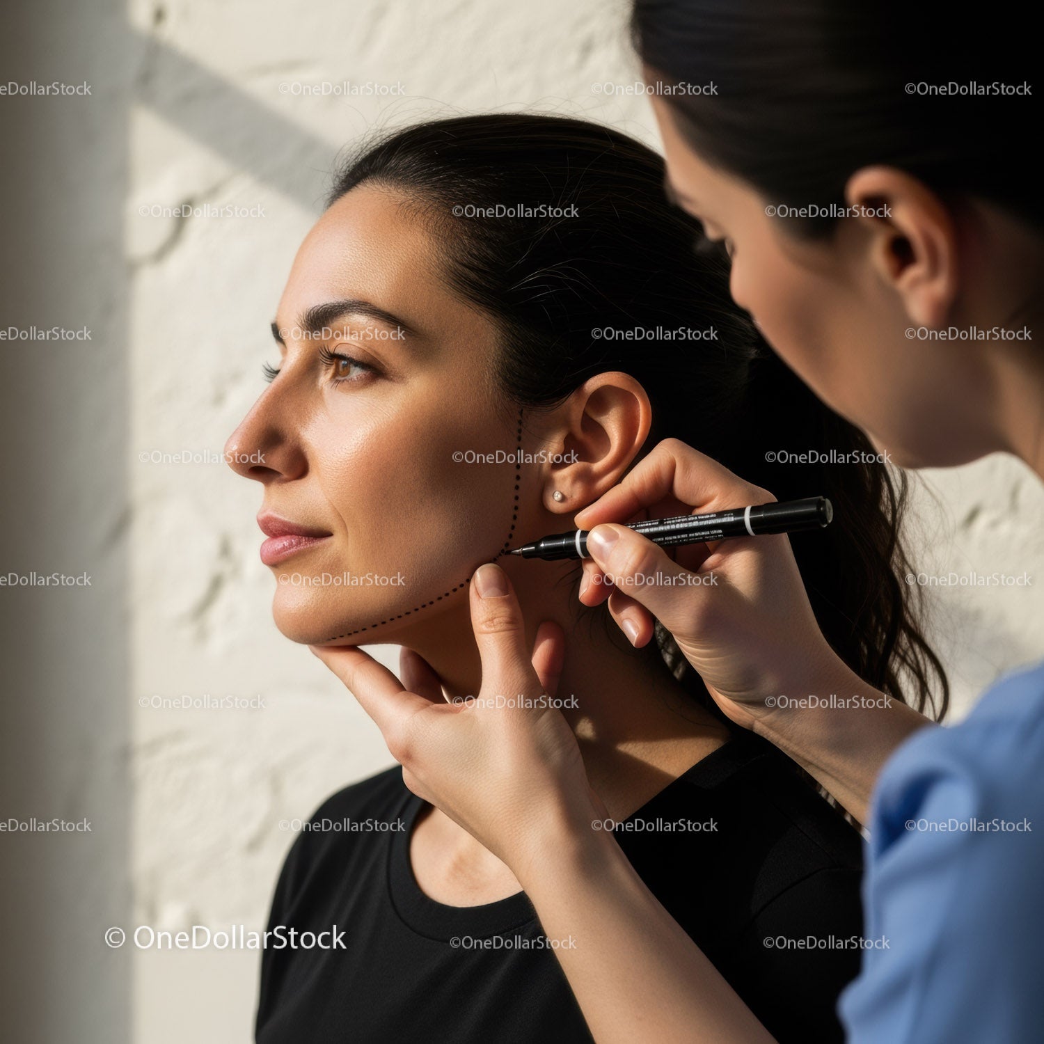 Woman Undergoing Facial Contouring Procedure at Aesthetic Clinic