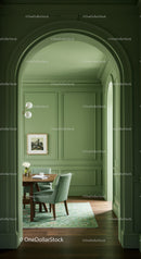 Elegant Green Walled Dining Room with Vintage Style Furniture