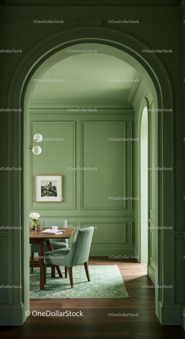 Elegant Green Walled Dining Room with Vintage Style Furniture
