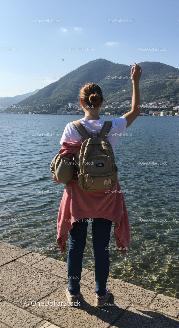 Young Woman with Backpack Taking Photo by Lake with Mountain View