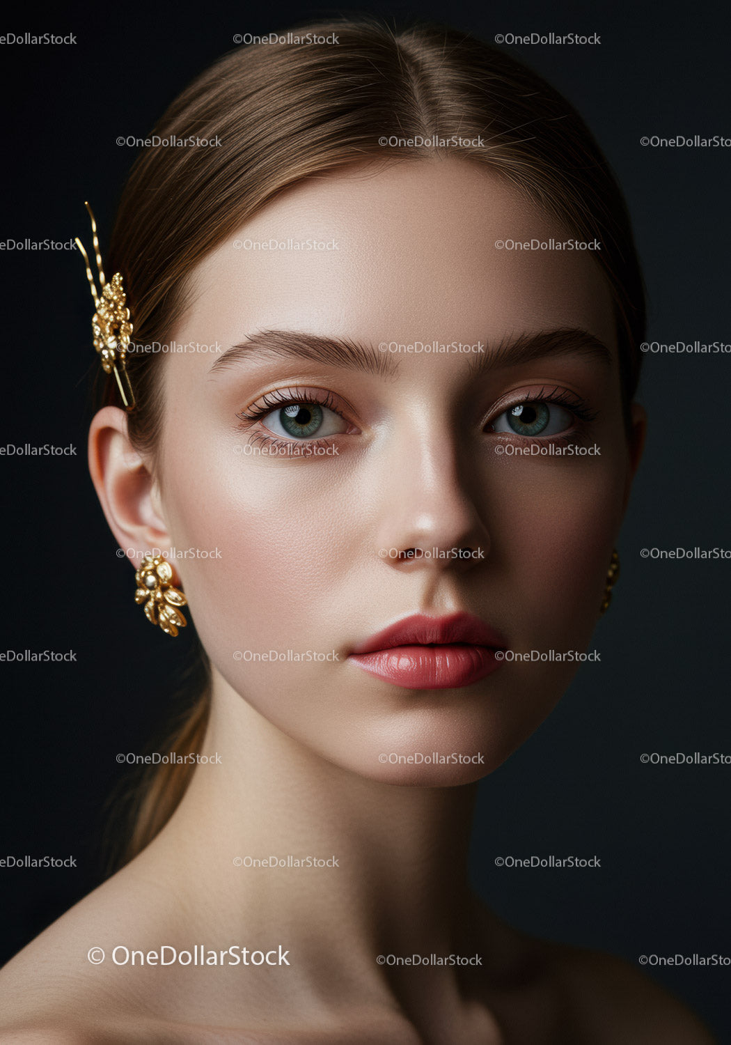 Elegant Woman with Gold Jewelry and Glamorous Makeup
