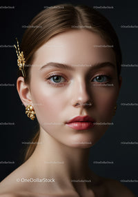 Elegant Woman with Gold Jewelry and Glamorous Makeup