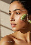 Elegant Woman Using Jade Facial Roller for Skin Rejuvenation