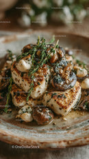 Seared Scallops with Mushrooms and Thyme on Rustic Plate