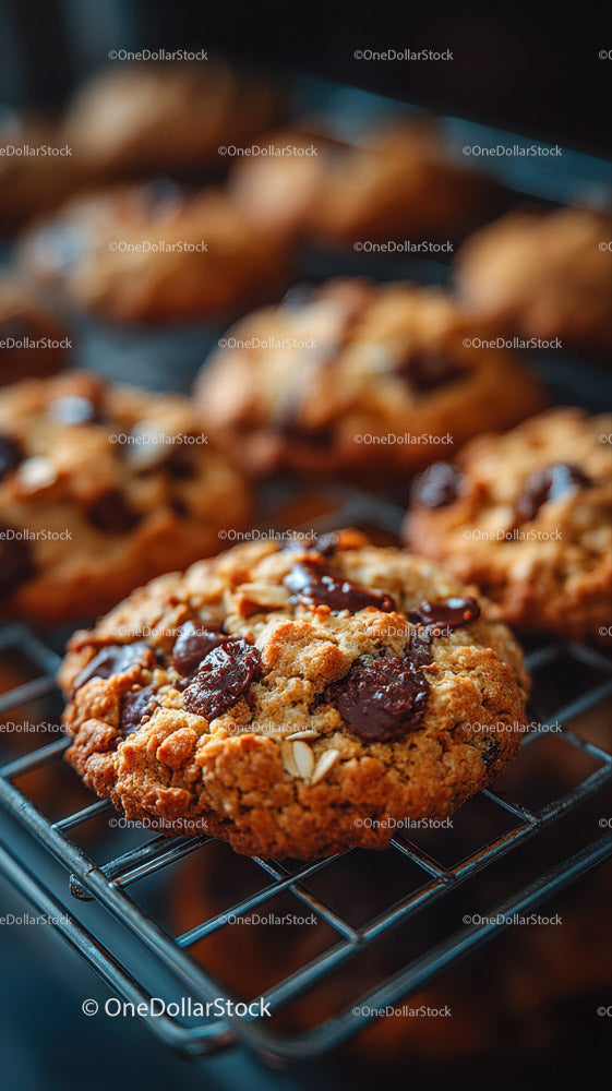 Chocolate Chunk Oatmeal Cookies Cooling on Metal Rack