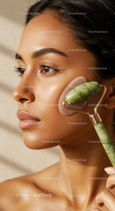 Woman Using Jade Roller on Face for Natural Skincare Treatment