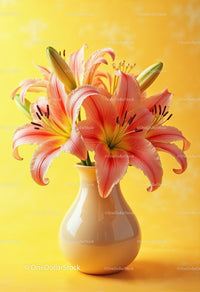 Pink Lily Bouquet in Elegant White Vase with Bright Yellow Background