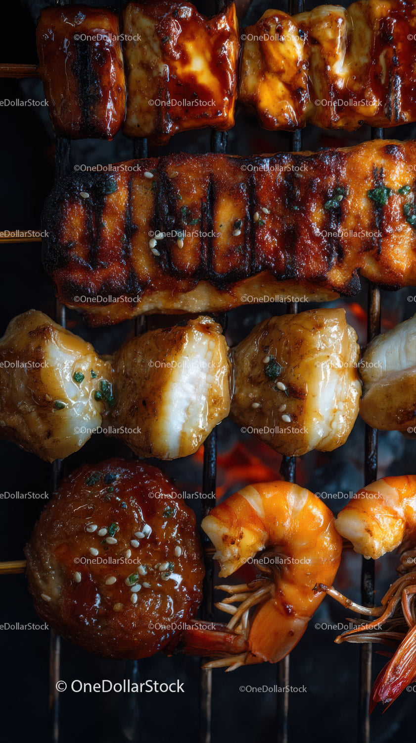 Close Up of Assorted Grilled Meat and Seafood Skewers
