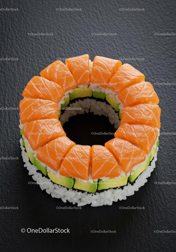 Okrągłe ciasto sushi z łososiem i plasterkami awokado
