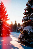 Snowy Pine Trees with Christmas Decorations at Sunset