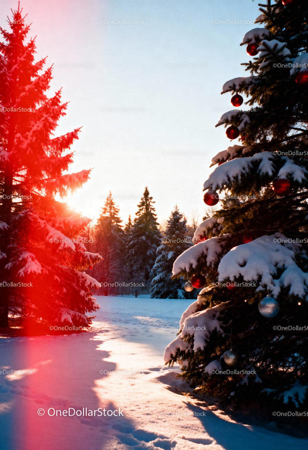 Snowy Pine Trees with Christmas Decorations at Sunset