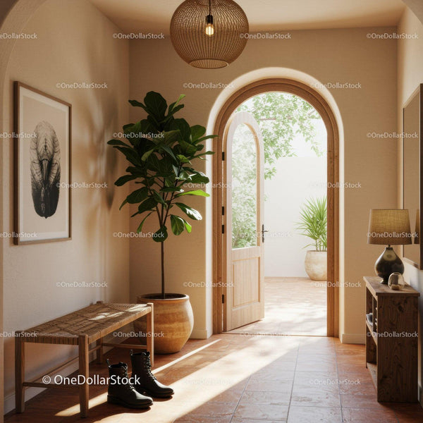 Sunny rustic hallway with plants and wooden accents