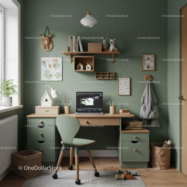 Modern Kids Study Room with Green Wall and Wooden Desk