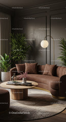 Cozy modern living room with brown curved sofa