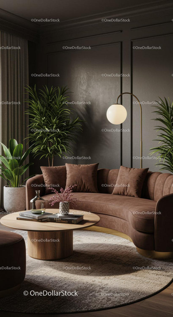Przytulny nowoczesny salon z brązową, zakrzywioną sofą