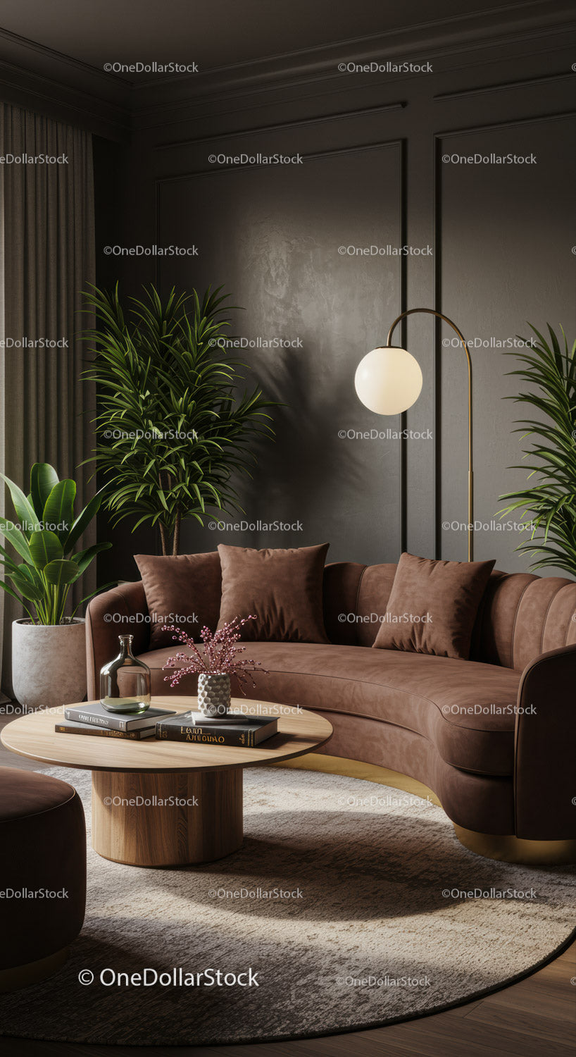 Przytulny, nowoczesny salon z brązową, wygiętą sofą