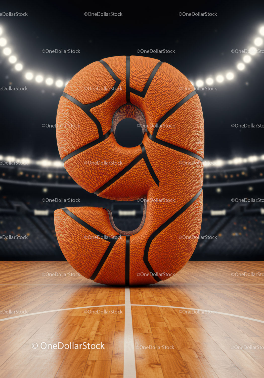 Basketball textured number nine on court floor