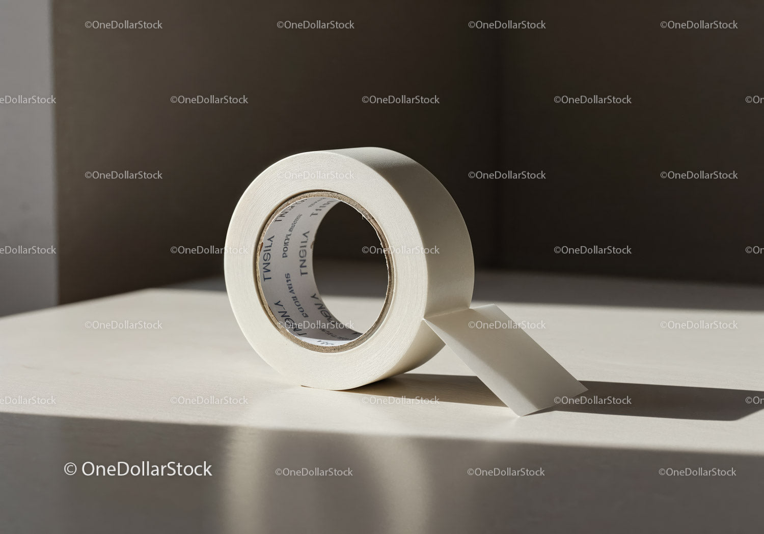 Roll of white adhesive tape on sunlit surface