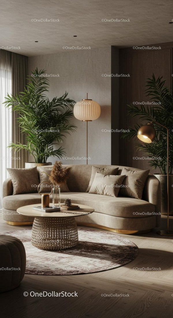 Cozy beige living room with elegant curved sofa and plants