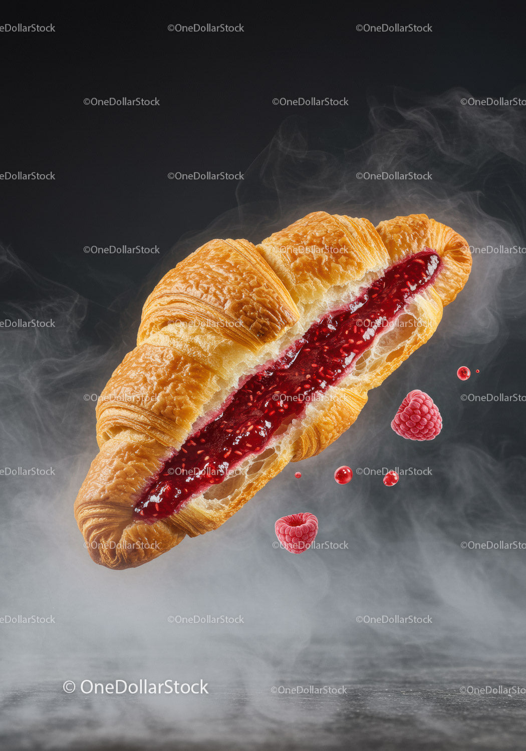 Fresh Croissant Filled with Raspberry Jam and Berries