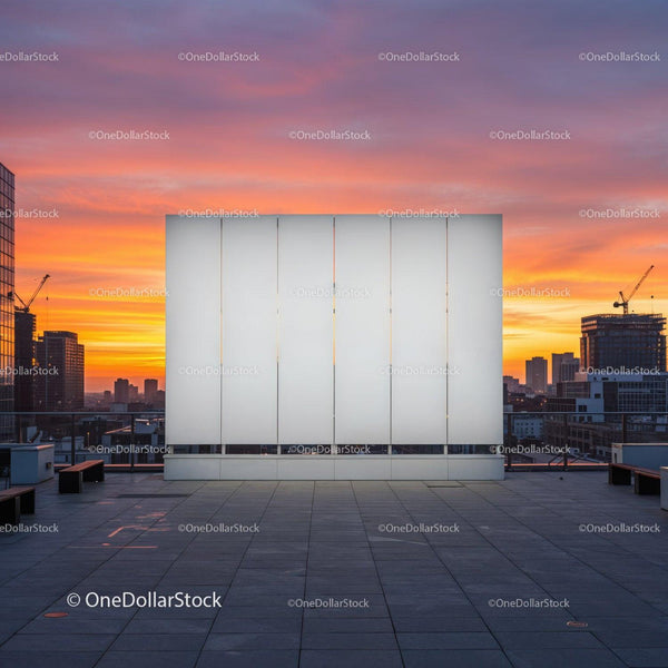 Empty White Billboard on City Rooftop with Vibrant Sunset Sky JPG Mockup Image