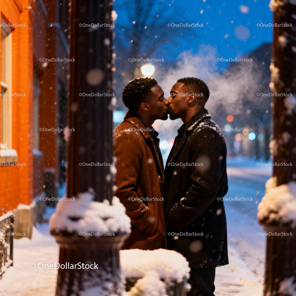 Couple Sharing a Tender Kiss on Snowy Winter Evening