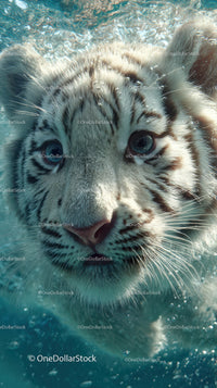 White tiger cub swimming underwater with piercing blue eyes