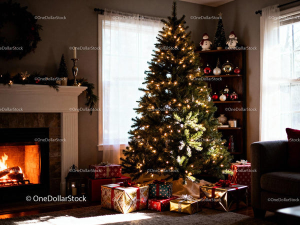 Cozy living room with decorated Christmas tree and gifts