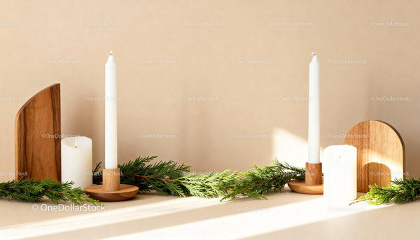 Minimalist white candles with fresh green sprigs
