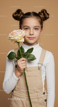 Young Girl with Pale Peach Rose Portrait on Soft Beige Background