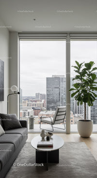 Bright Modern Living Room with City View and Green Plant