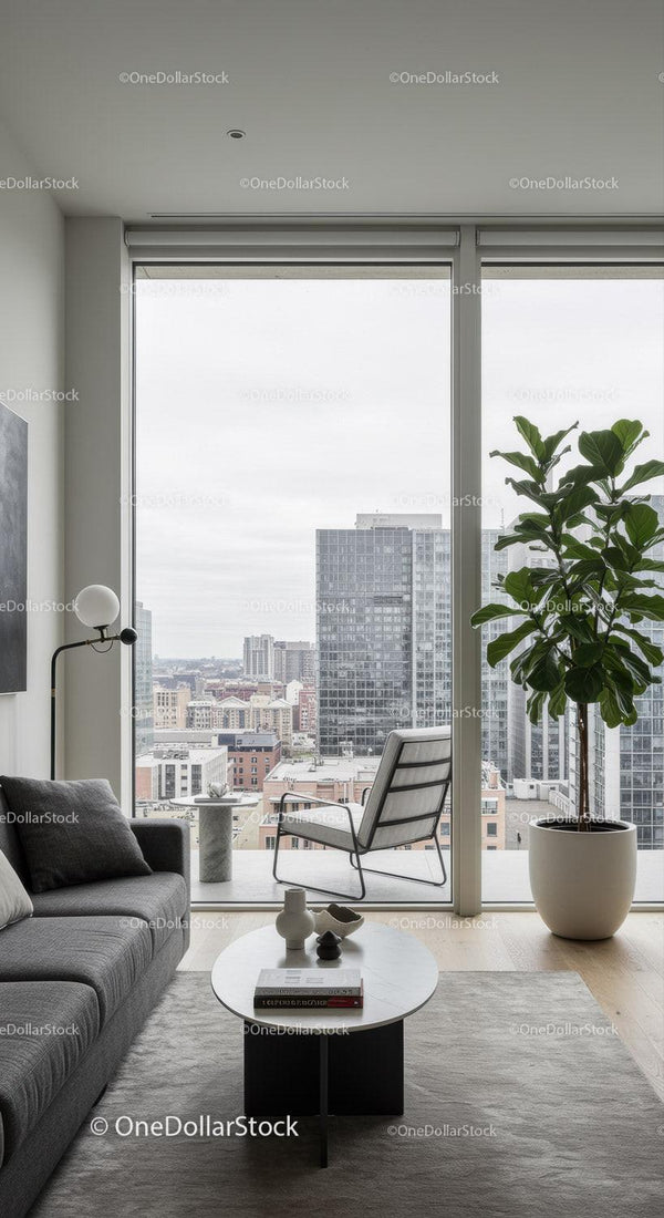 Bright Modern Living Room with City View and Green Plant