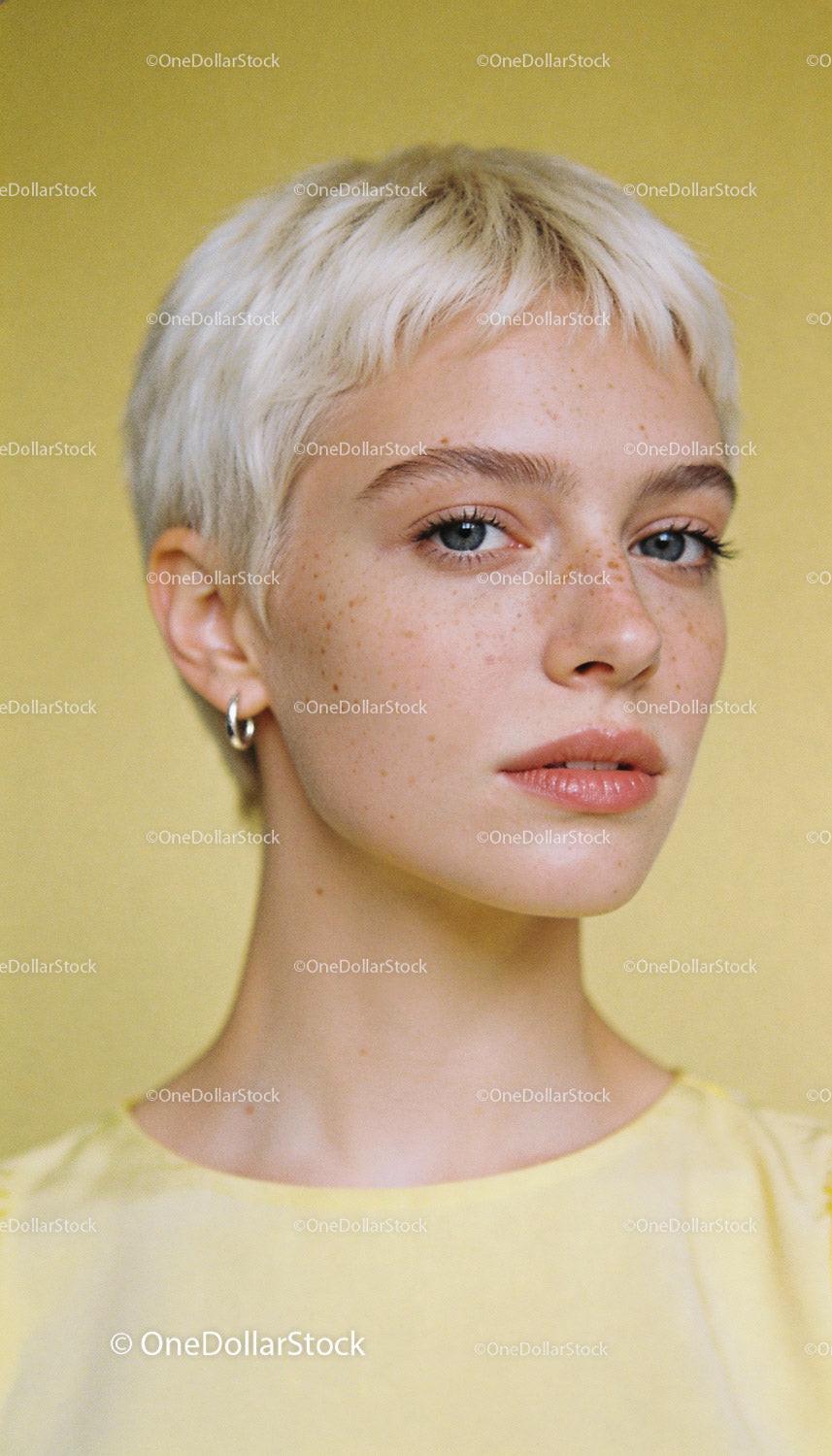 Young woman with short blond hair and freckles portrait
